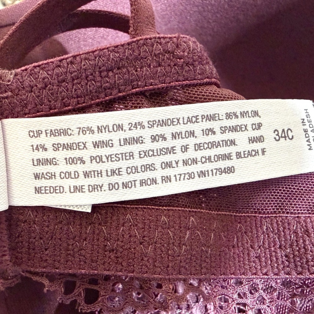 Auden NWT Burgundy Mist Lace Push Up Bra 34C Plum Purple Feminine T-Shirt - Picture 8 of 8